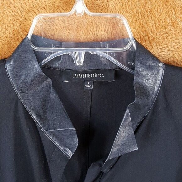 LAFAYETTE 148 Womens Top Size 6 Black Button Up Shirt Faux Leather Trim Stretch - Picture 3 of 11